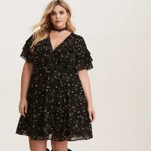 TORRID Floral Crane Print Chiffon Ruffled Faux Wrap Black Dress Size 1